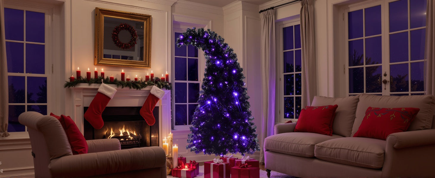 6ft Black Artificial Christmas Tree with LED Lights: Whimsical Hat-Shaped, 900 PET Tips, 250 Orange/Purple Lights, Hinged Branches, Metal Stand for Indoor Holiday Decor