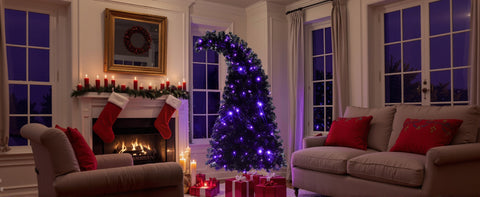 6ft Black Artificial Christmas Tree with LED Lights: Whimsical Hat-Shaped, 900 PET Tips, 250 Orange/Purple Lights, Hinged Branches, Metal Stand for Indoor Holiday Decor