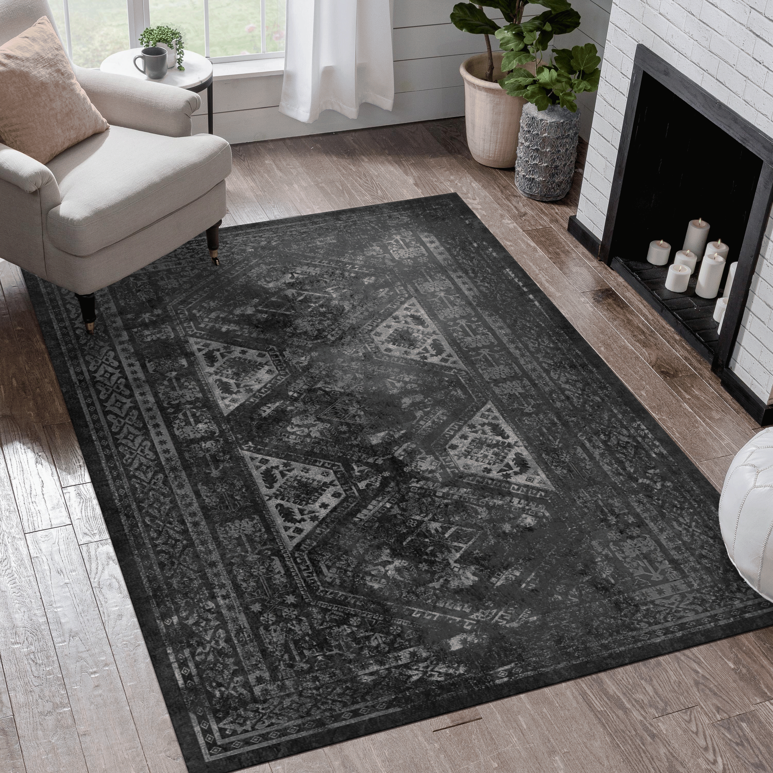 MAVAL 9x12 Area Rug, Washable Black & Gray Chenille Polyester Rug for Living Room, Bedroom, Dining Room. Non-Slip, Stain-Resistant, Low Pile, Easy Clean, Pet-Friendly, Turkish Made.