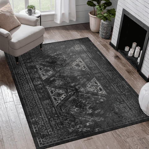 MAVAL 9x12 Area Rug, Washable Black & Gray Chenille Polyester Rug for Living Room, Bedroom, Dining Room. Non-Slip, Stain-Resistant, Low Pile, Easy Clean, Pet-Friendly, Turkish Made.