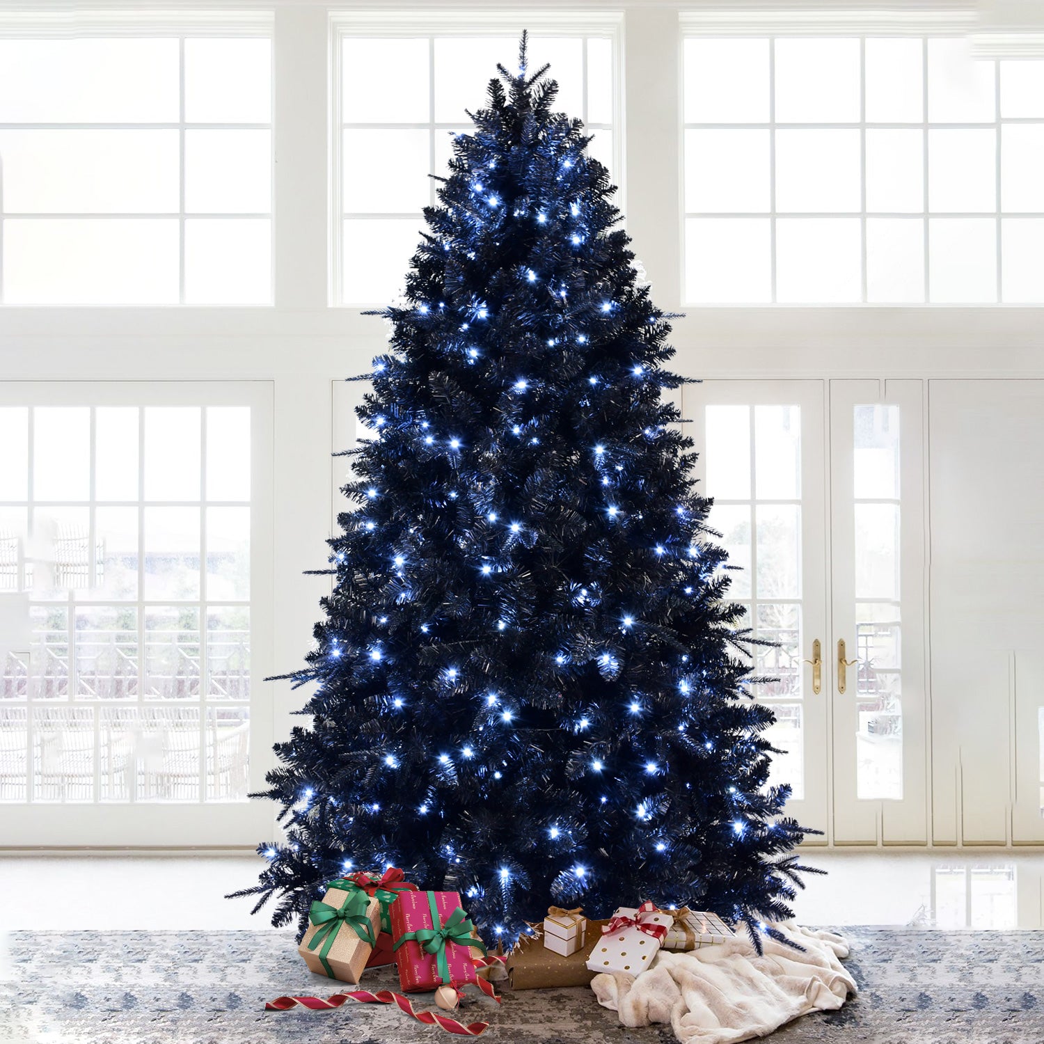 8ft Black Artificial Christmas Tree | 600 White LED Lights | 2486 PE+PVC Tips | Hinged for Easy Setup | Stable Metal Stand | Holiday &amp; Halloween Decor