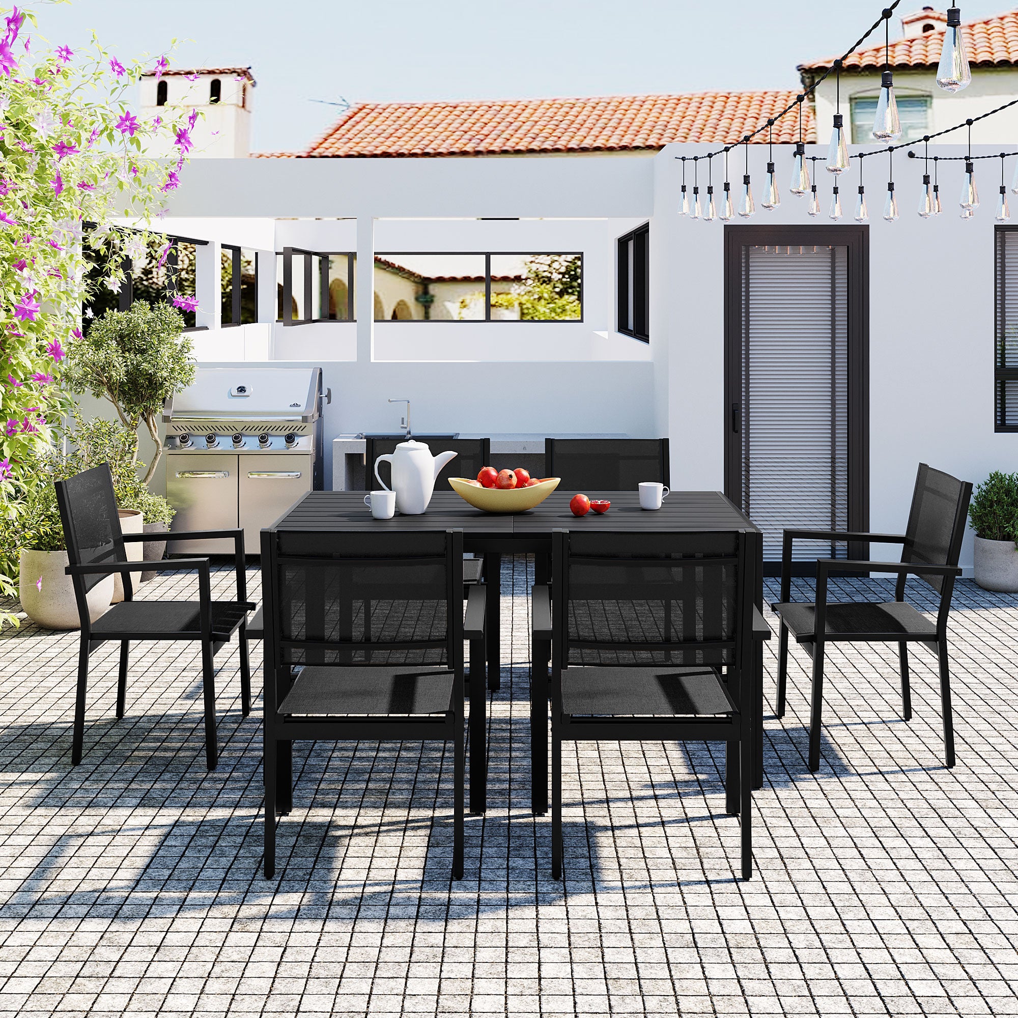 U-Style 6-Seater Outdoor Dining Set: Durable Steel Patio Furniture, Modern Black Balcony & Backyard Table & Chairs, 58.3" W, Easy Assembly, Residential Use