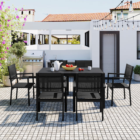 U-Style 6-Seater Outdoor Dining Set: Durable Steel Patio Furniture, Modern Black Balcony & Backyard Table & Chairs, 58.3" W, Easy Assembly, Residential Use