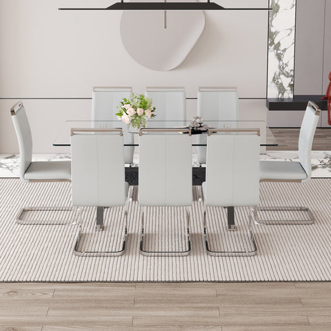 Elegant 8-Seater Dining Set: 71" Clear Tempered Glass Table &amp; 8 Light Gray PU Chairs with Silver Metal Legs for Modern Kitchens &amp; Dining Rooms