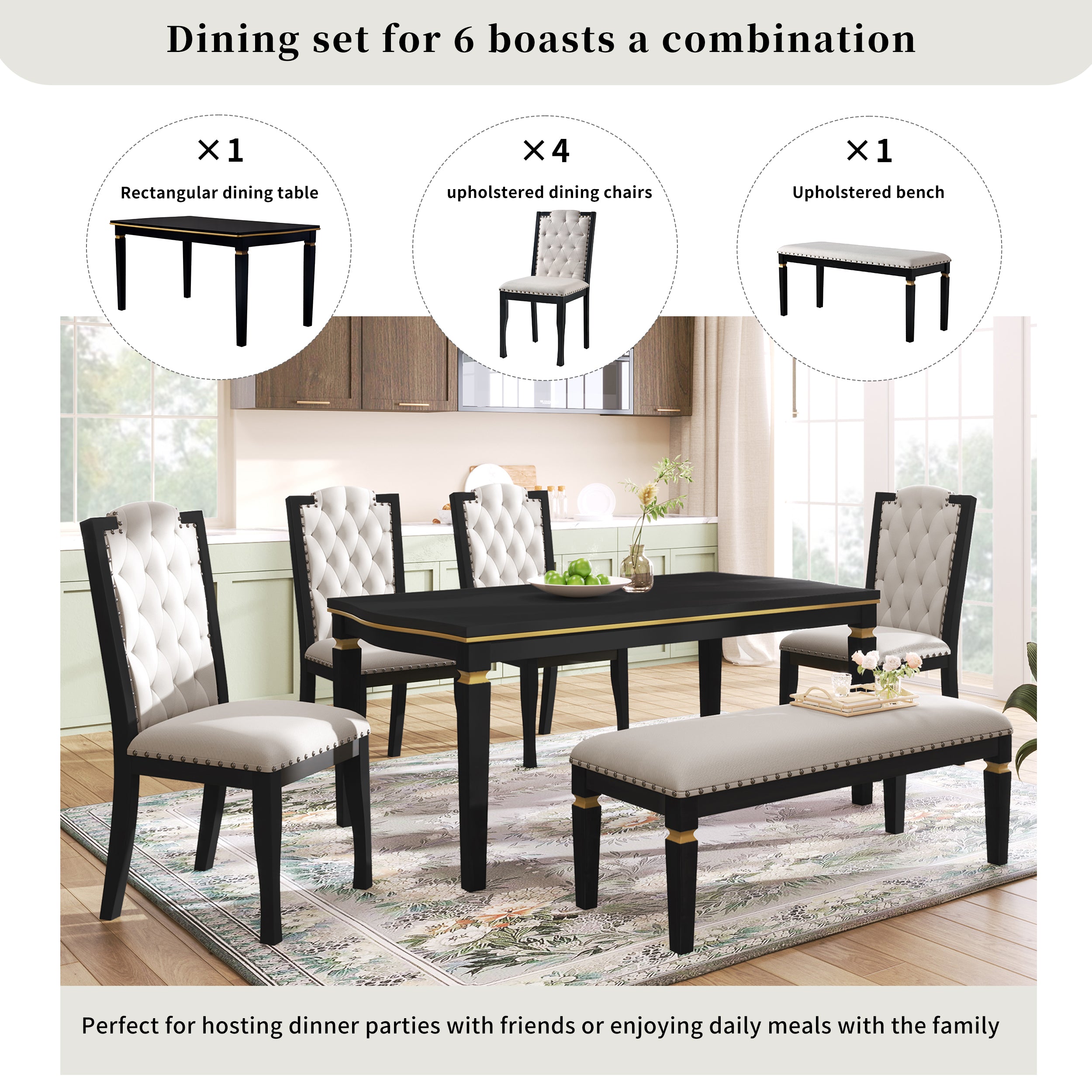 6-Piece Black Rectangular Dining Table Set for 6: 60" Solid Wood Table, 4 High-Back Tufted Upholstered Chairs &amp; Bench - Ideal for Dining Room &amp; Kitchen Gatherings