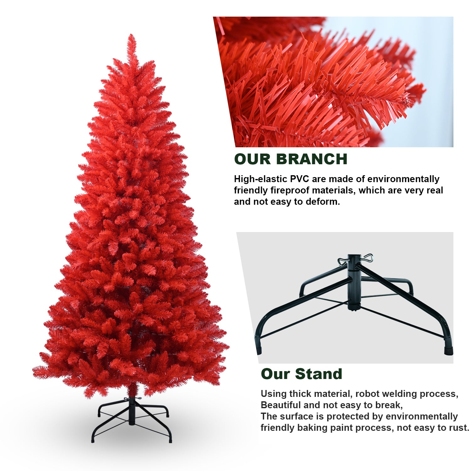 6FT All-Red PVC Christmas Tree with 804 Lush Tips, Hinged Branches for Easy Setup, Stable Metal Stand - Vibrant Holiday Decoration for Home &amp; Parties