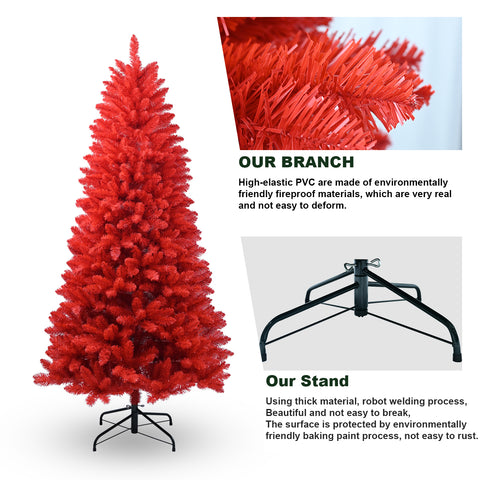 6FT All-Red PVC Christmas Tree with 804 Lush Tips, Hinged Branches for Easy Setup, Stable Metal Stand - Vibrant Holiday Decoration for Home &amp; Parties