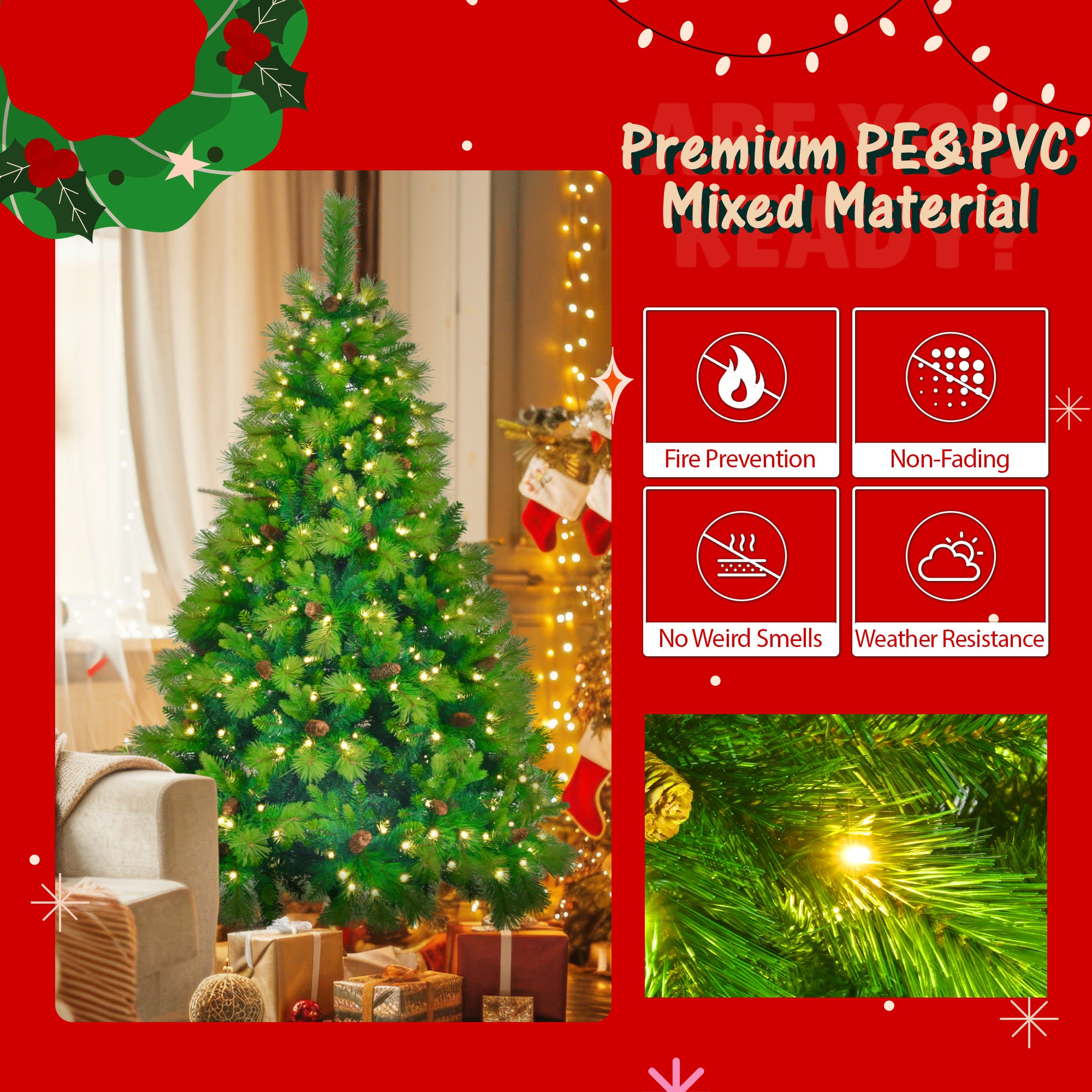 6FT Grass Green Hinged Artificial Christmas Tree Set: 844 Branch Tips, 430 Warm LED Lights, Pine Cones, Garland & Wreath Included - Durable PVC/PE for Home & Office Holiday Decor