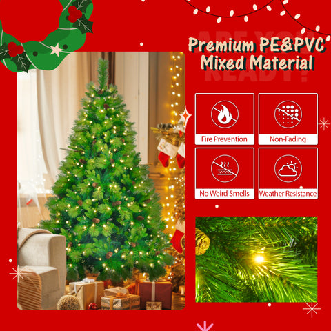 6FT Grass Green Hinged Artificial Christmas Tree Set: 844 Branch Tips, 430 Warm LED Lights, Pine Cones, Garland & Wreath Included - Durable PVC/PE for Home & Office Holiday Decor