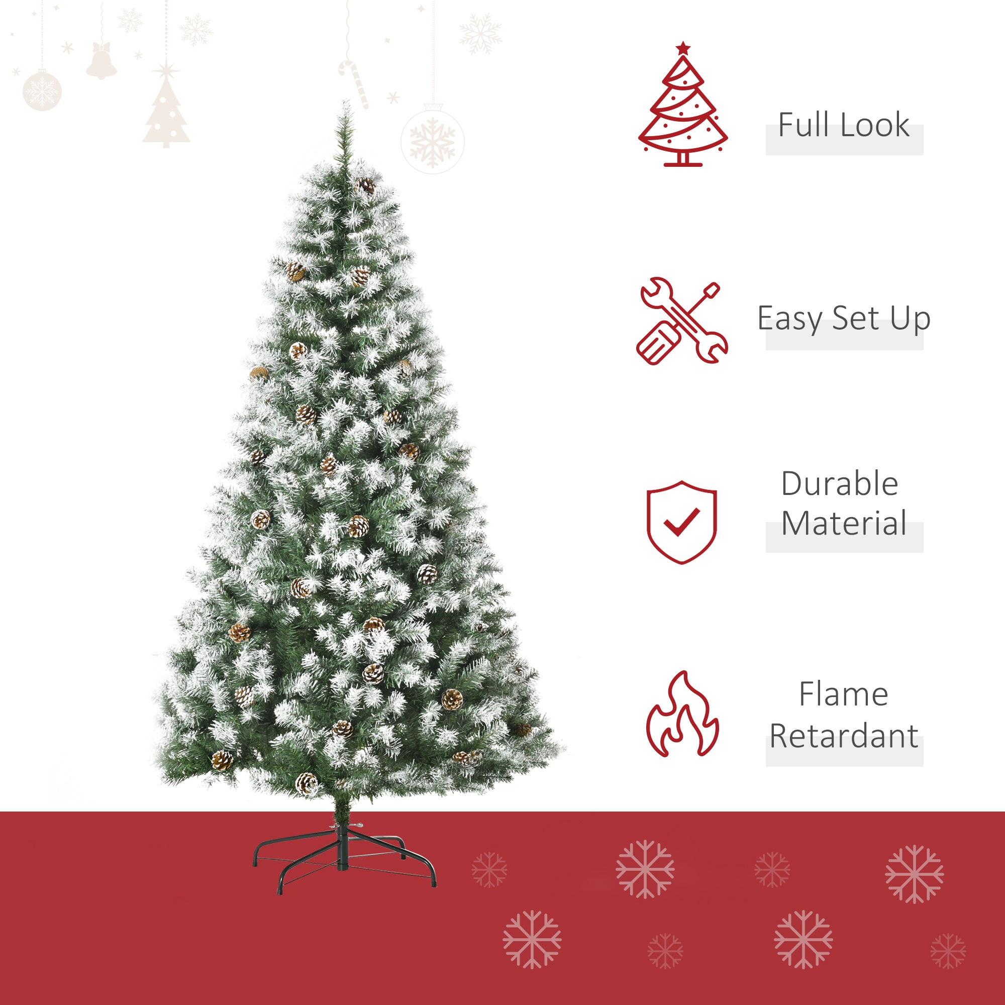 HOMCOM 6ft Snow-Dusted Fir Christmas Tree | Realistic PVC Branches, 800 Tips, 61 Pine Cones | Full, Flocked Holiday Decor for Home, Living Room, Indoor Use | Easy Setup &amp; Storage