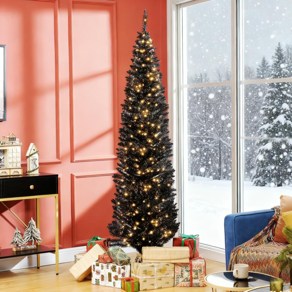 7ft Black Pencil Christmas Tree - Pre-lit Warm White LED, Realistic Flame-Retardant Artificial Xmas Tree for Indoor Decor, Slim Space-Saving Design