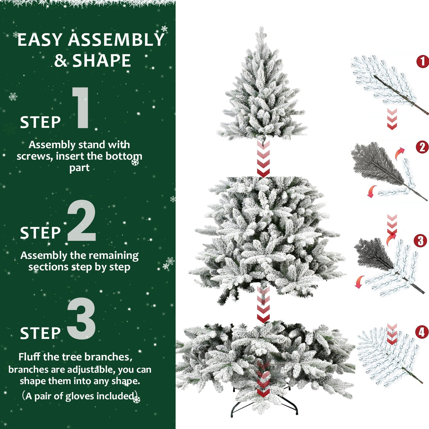 6ft Snowy Flocked Christmas Tree: 1100 Tips, Realistic PE+PVC Hinged Artificial Xmas Tree with Metal Stand for Cozy Holiday Home Decor, White