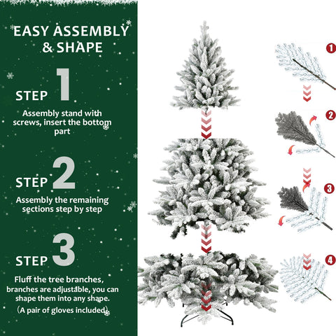 7ft Snowy Flocked Christmas Tree | 1514 Dense PE+PVC Tips | Hinged for Easy Setup | Sturdy Metal Stand | Full Artificial Xmas Tree for Indoor Holiday Decor