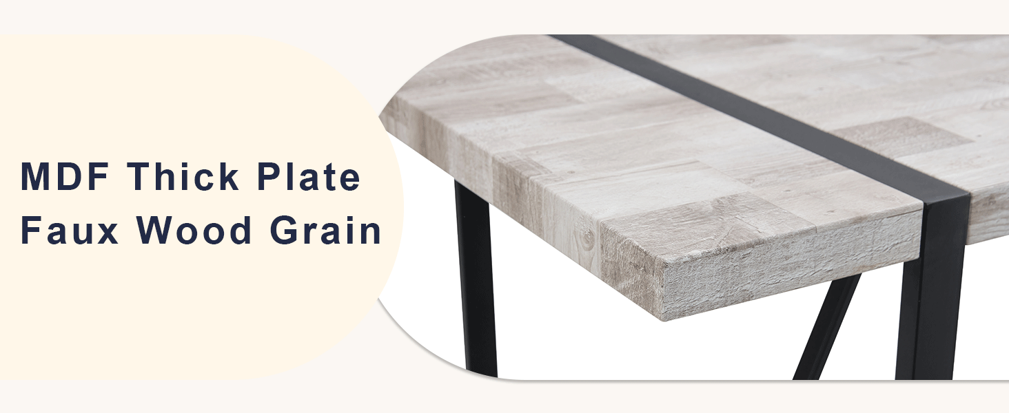 Table and chair set.A minimalist retro rectangular dining table with a specially textured top and black metal legs.Paired With 4 Black Artificial PU Chairs With Curved Widened Cushion Design.