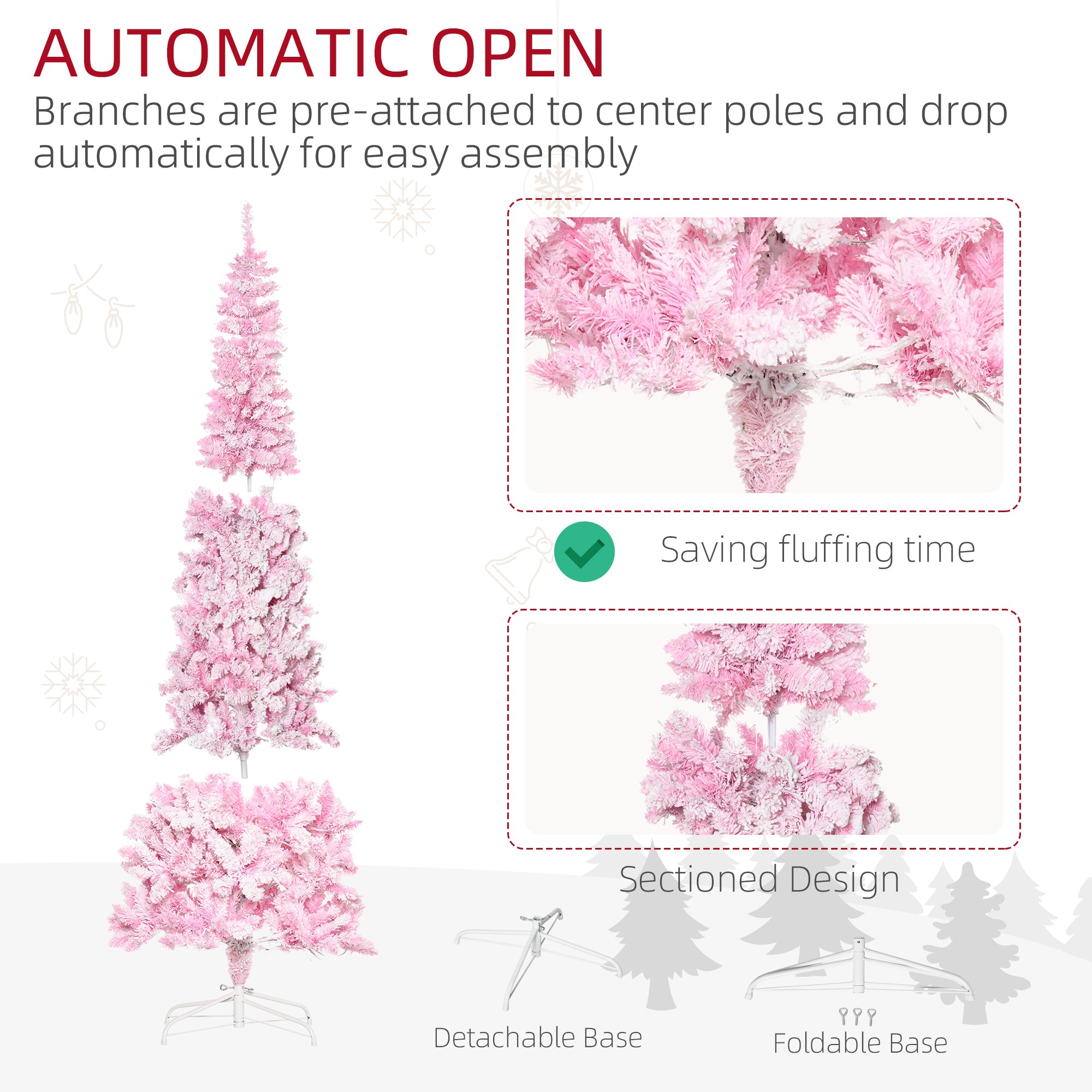 HOMCOM 7.5ft Snow Flocked Pencil Christmas Tree, Pink & White, Warm White LEDs, Auto-Open Branches, Realistic Pine, Flame-Retardant Plastic, Indoor Holiday Decor