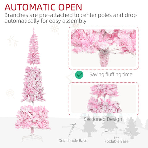 HOMCOM 7.5ft Snow Flocked Pencil Christmas Tree, Pink & White, Warm White LEDs, Auto-Open Branches, Realistic Pine, Flame-Retardant Plastic, Indoor Holiday Decor