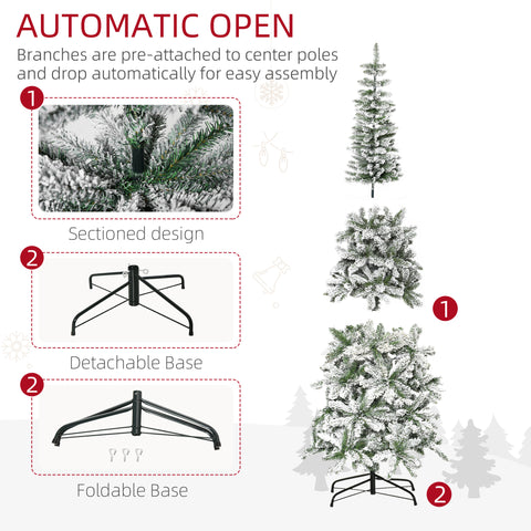 HOMCOM 7.5ft Snow-Flocked Slim Pine Artificial Christmas Tree | Realistic PVC Branches, 668 Tips | Indoor Holiday Decor, Living Room, Holiday Parties | Easy Setup, Sturdy Steel Base, Green