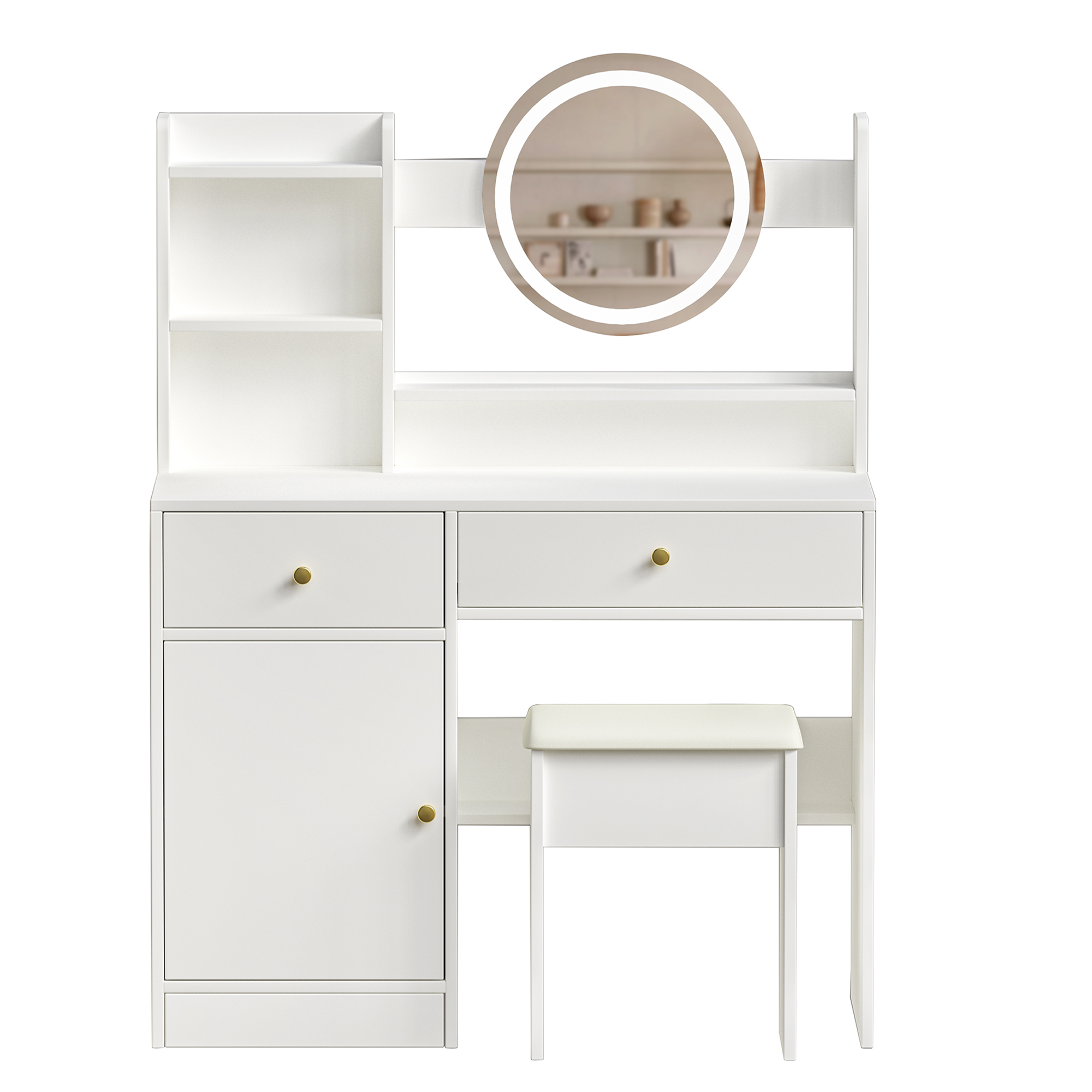 Fashion White Vanity Desk with Mirror & Lights, 3 Color Lighting, Adjustable Brightness, 2 Drawers, Storage Shelves, Cushioned Chair Included, MDF, 35.4" W, Bedroom & Makeup Use