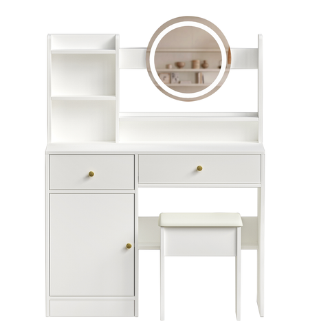Fashion White Vanity Desk with Mirror & Lights, 3 Color Lighting, Adjustable Brightness, 2 Drawers, Storage Shelves, Cushioned Chair Included, MDF, 35.4" W, Bedroom & Makeup Use