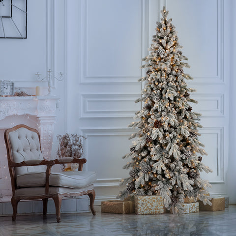 9FT Flocked Snow-Kissed Christmas Tree | 2138 Tips, 1250 Warm White LEDs, 52 Pine Cones | Hinged Branches, Metal Stand | Slim Design for Home & Office Decor