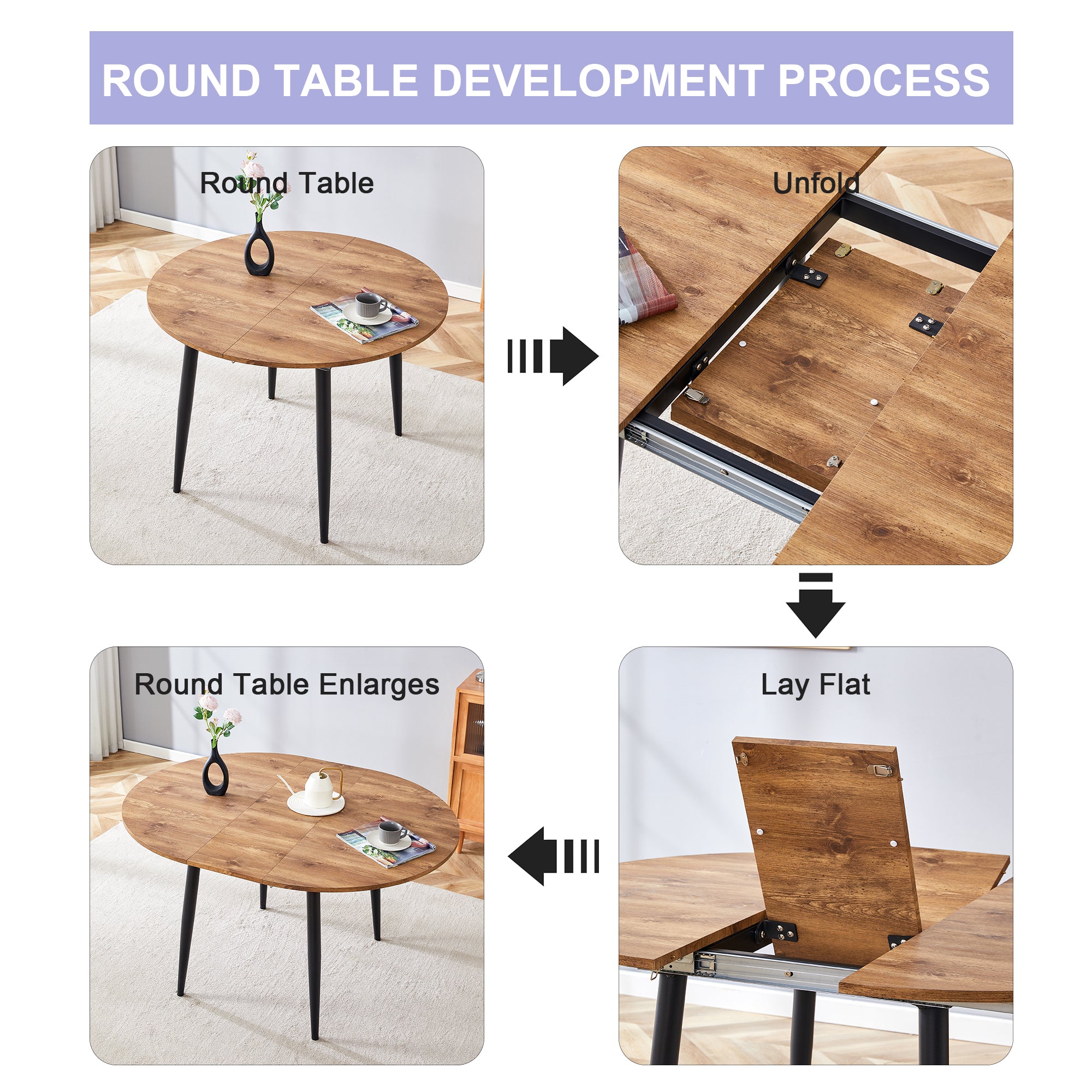 Modern Extendable Round Wood MDF Dining Table Set with 4 PU Cushioned Armless Chairs, Wood Brown, Seats 4, Perfect for Kitchen &amp; Dining Room Gatherings