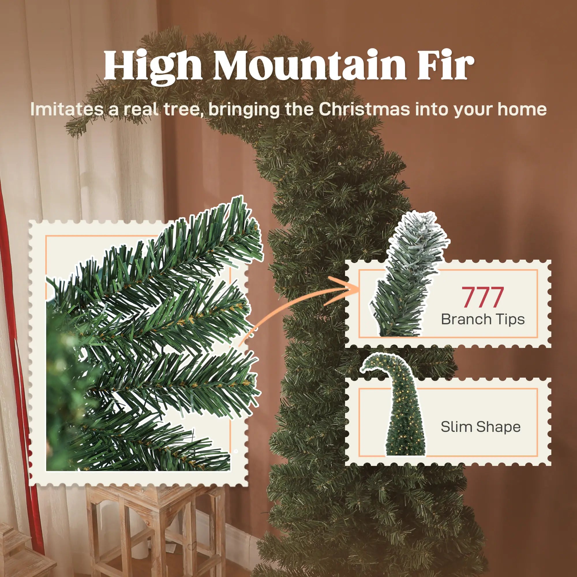 7ft Slim High Mountain Fir Christmas Tree | Unique Bent Top Santa Hat Design | 300 Warm White LEDs, 8 Modes | 777 Tips, Full Green Appearance | Metal Stand | Indoor Home Decor