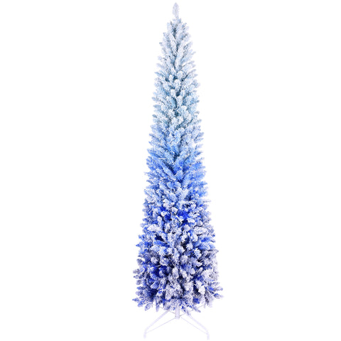 6FT Blue Gradient Flocked Pencil Christmas Tree - 200 Warm White LED Lights, 485 Tips, Hinged Branches, Slim Design, Metal Stand for Festive Home & Office Holiday Decor