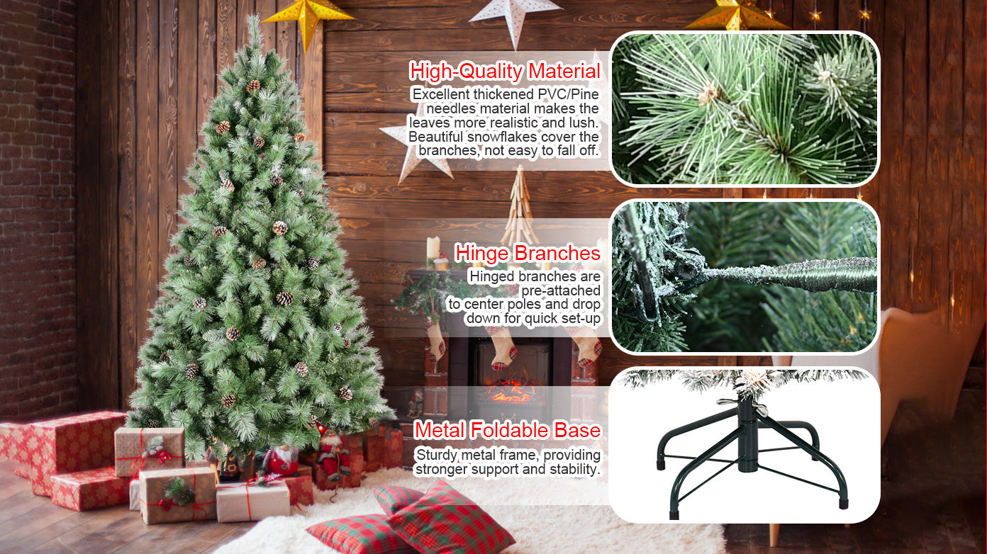 6FT Christmas Tree with 66 Pine Cones - 988 Lush Mixed PVC &amp; Hard Needle Tips, Hinged for Easy Setup, Sturdy Metal Stand - Realistic Full Holiday Tree for Home &amp; Office Decor
