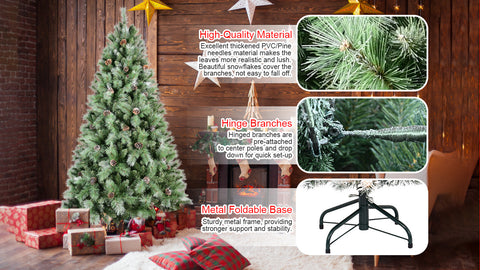 9FT Full & Realistic Christmas Tree | 2518 Mixed PVC & Hard Needle Tips | 122 Pine Cones | Hinged Design for Easy Setup | Sturdy Metal Stand | Green Holiday Decor