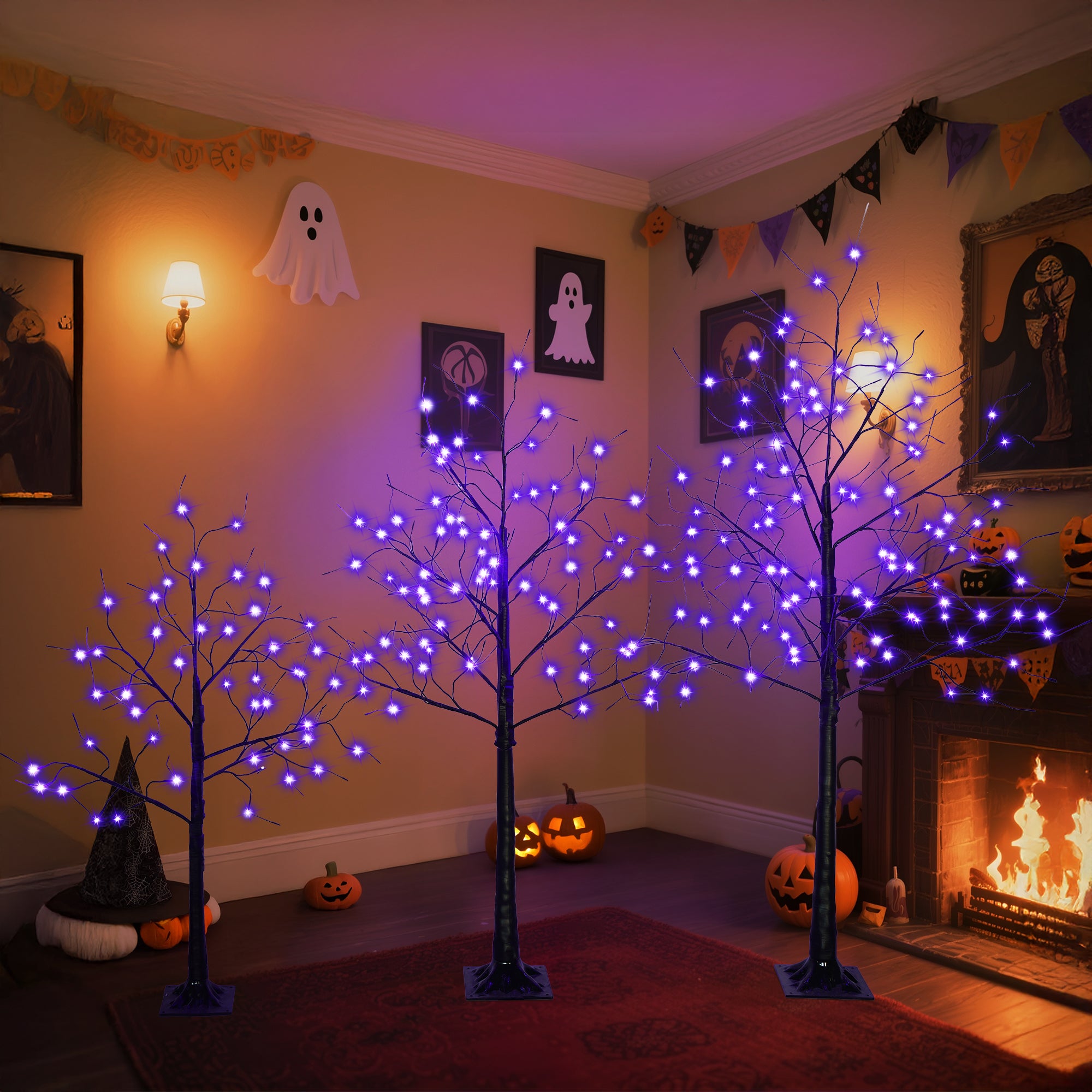 4-6FT Halloween Spooky Tree with 216 Purple LED Lights, Lighted Black Artificial Tree for Indoor Haunted House Decor, Durable Vinyl, Steady Glow