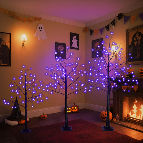 4-6FT Halloween Spooky Tree with 216 Purple LED Lights, Lighted Black Artificial Tree for Indoor Haunted House Decor, Durable Vinyl, Steady Glow