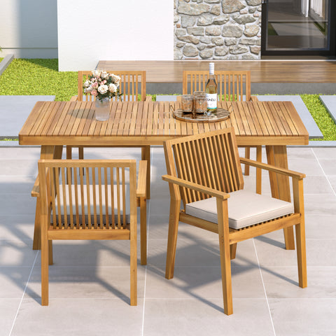 Durable 5-Piece Acacia Wood Patio Furniture Set: Natural Table & 4 Beige Cushioned Chairs for Outdoor Dining, Garden, Deck - Heavy-Duty, All-Weather, 69" Table, 400lb Chairs