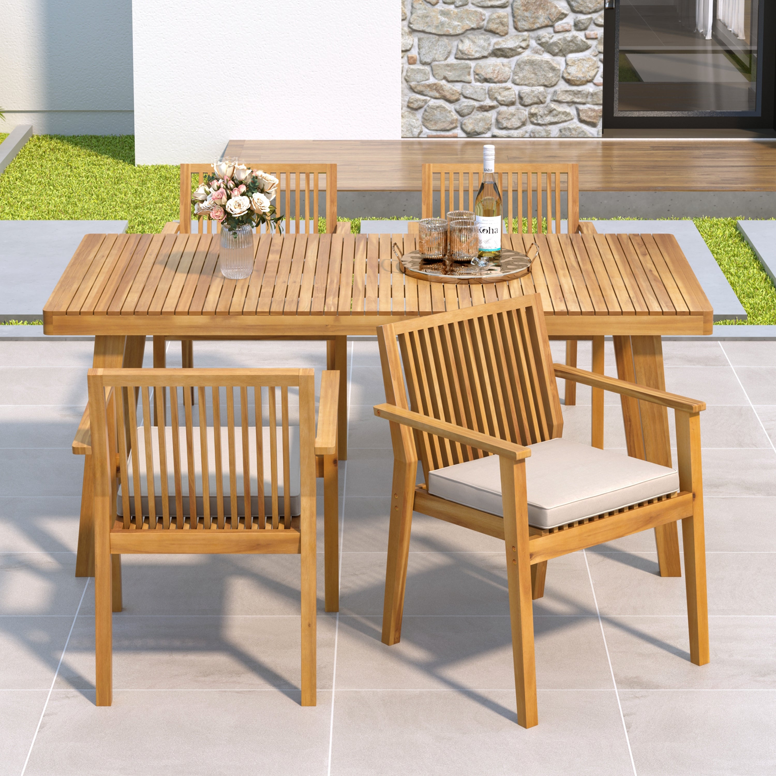 Durable 5-Piece Acacia Wood Patio Furniture Set: Natural Table & 4 Beige Cushioned Chairs for Outdoor Dining, Garden, Deck - Heavy-Duty, All-Weather, 69" Table, 400lb Chairs