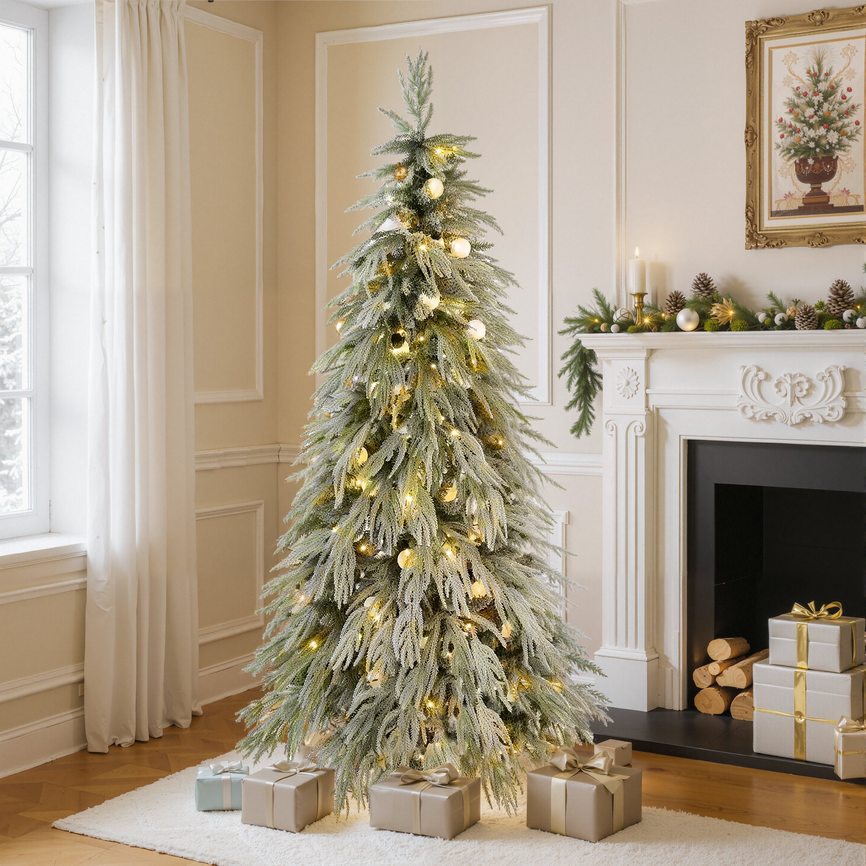 6FT Snow Flocked Spruce Christmas Tree | Hinged Artificial Tree with Warm White LED Lights | PE/PVC Mix, White/Green | Home, Office, Holiday Decor