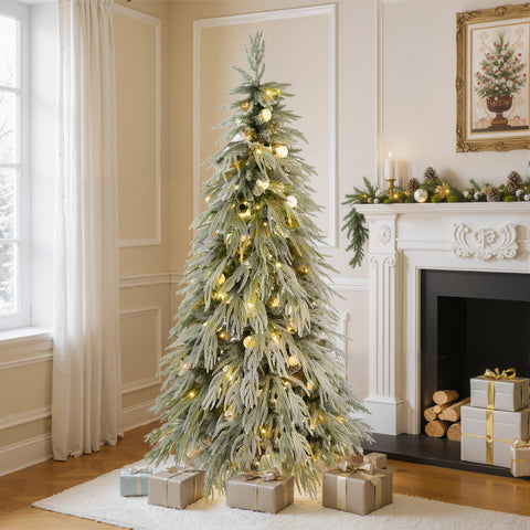 6FT Snow Flocked Spruce Christmas Tree | Hinged Artificial Tree with Warm White LED Lights | PE/PVC Mix, White/Green | Home, Office, Holiday Decor