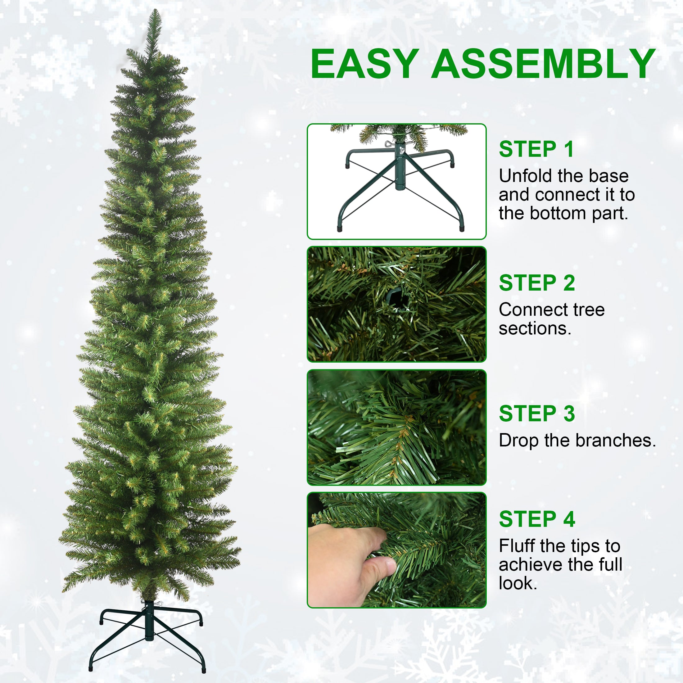 5FT Slim Green Pencil Christmas Tree - Realistic PVC with 263 Tips, Space-Saving Design, Stable Metal Stand for Small Homes, Apartments &amp; Corners