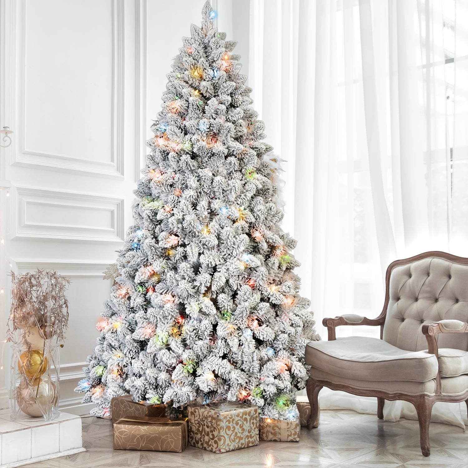 4FT Snow-Flocked Christmas Tree | 150 Colorful UL Lights | 21 Natural Pine Cones | 366 Snowy PVC Tips | Hinged Branches | Metal Stand | Easy Setup | Winter Wonderland Decor