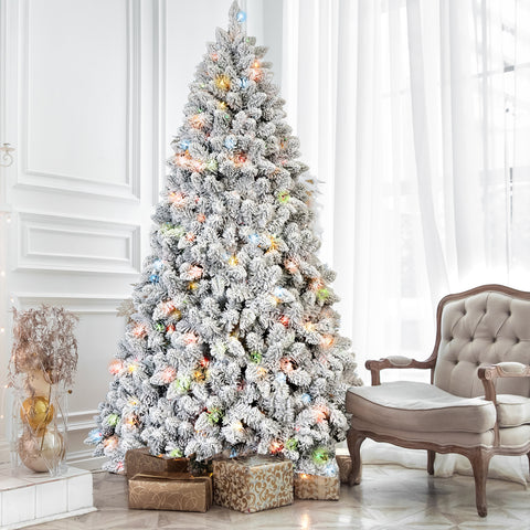 4FT Snow-Flocked Christmas Tree | 150 Colorful UL Lights | 21 Natural Pine Cones | 366 Snowy PVC Tips | Hinged Branches | Metal Stand | Easy Setup | Winter Wonderland Decor