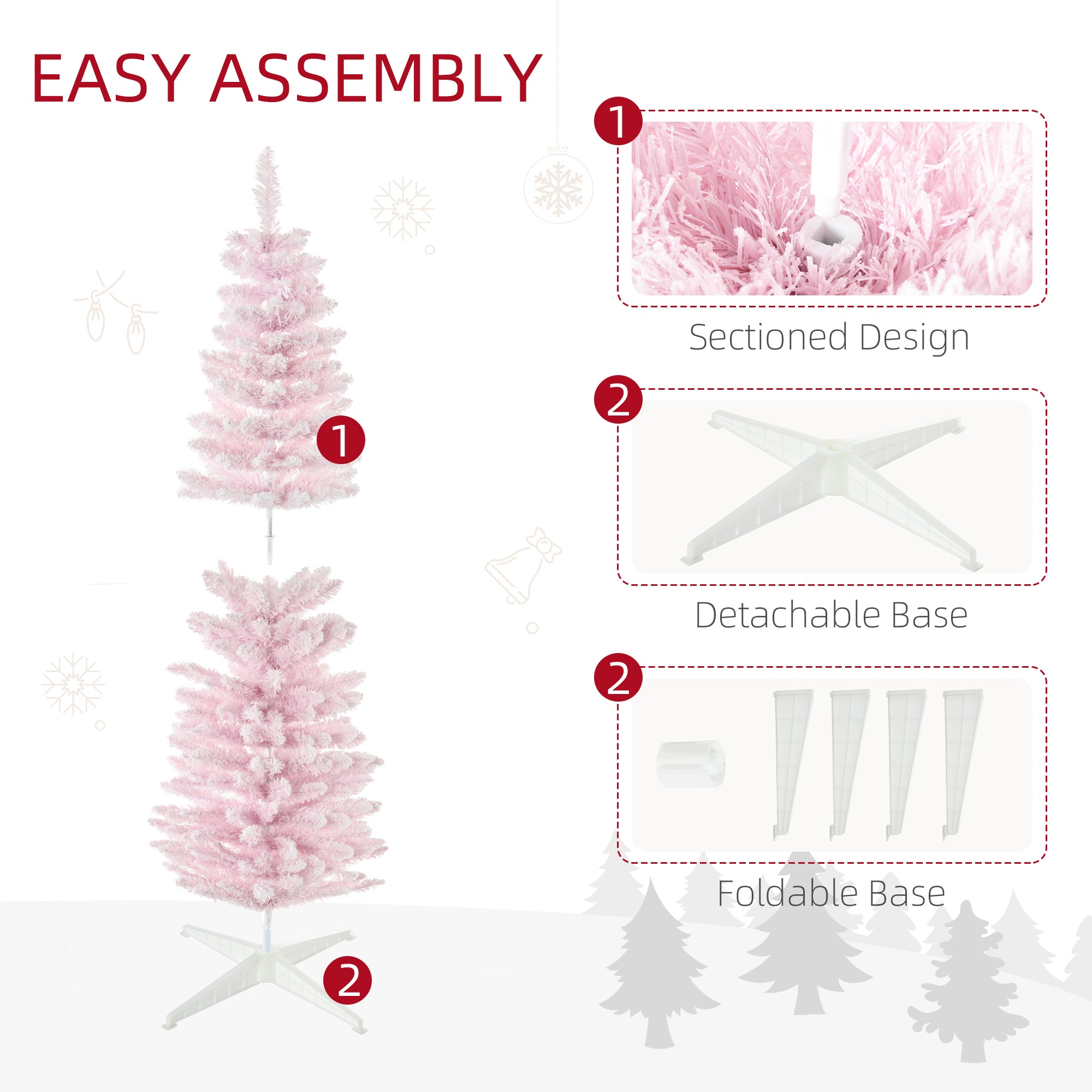 HOMCOM 5' Pink Snow Flocked Pencil Christmas Tree - Slim, Realistic Artificial Xmas Tree with Flame-Retardant Plastic Base for Indoor Holiday Decoration