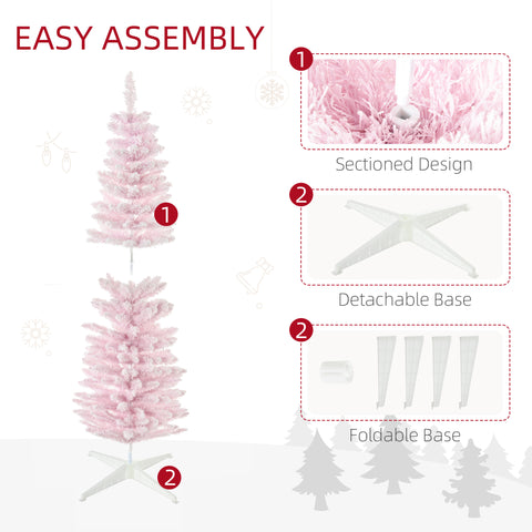 HOMCOM 5' Pink Snow Flocked Pencil Christmas Tree - Slim, Realistic Artificial Xmas Tree with Flame-Retardant Plastic Base for Indoor Holiday Decoration