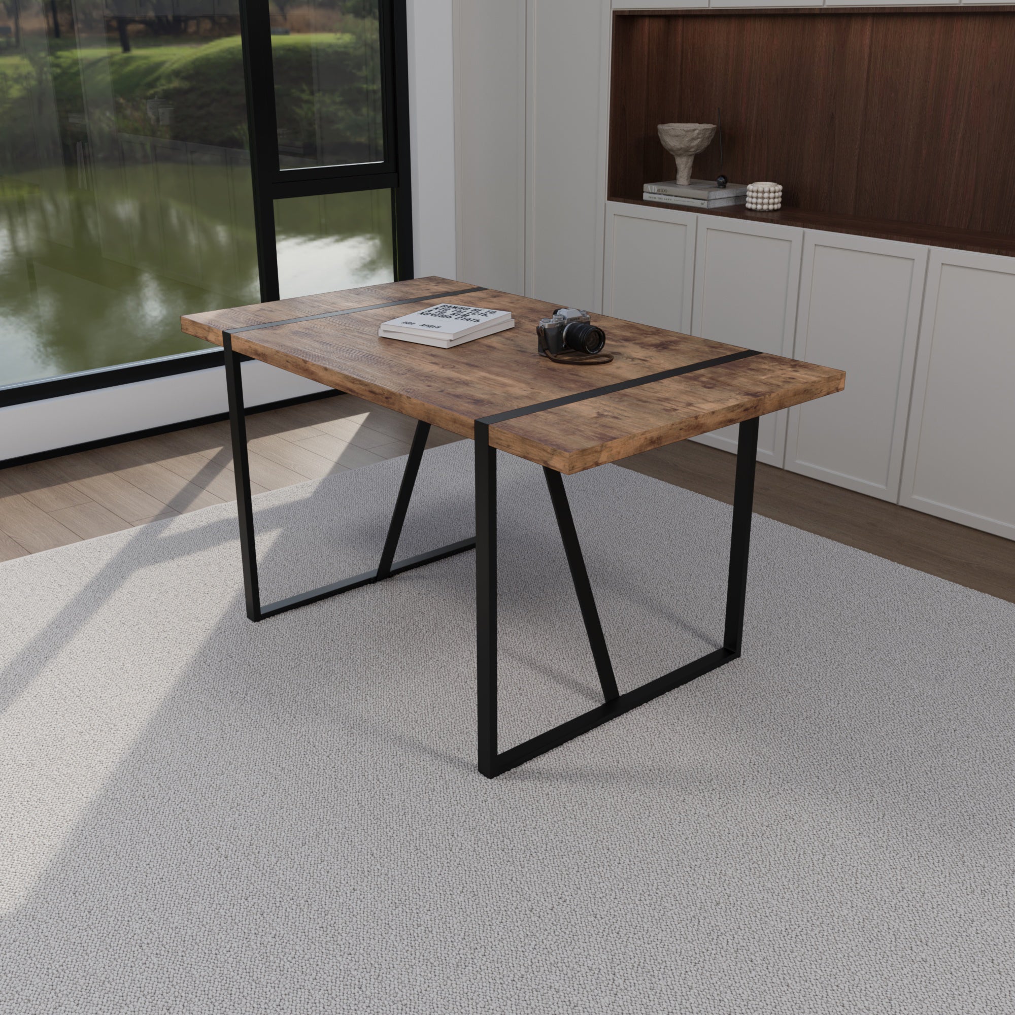 55" Dark Wood Dining Table Set with 4 Beige Suede Chairs - Modern Industrial MDF & Metal Base Kitchen & Dining Room Furniture - Ergonomic Comfort & Easy Assembly