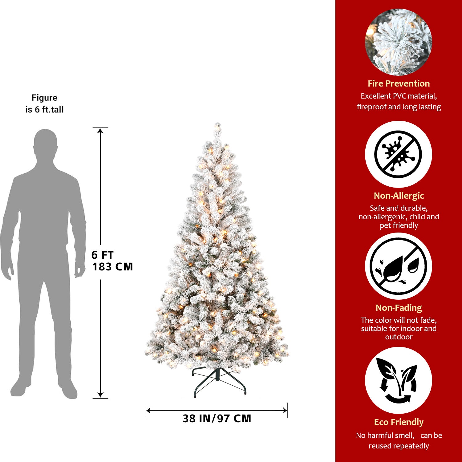 7FT Flocked Snowy Christmas Tree: 350 Warm White Incandescent Lights, 1022 Tips, Realistic PVC, Sturdy Metal Stand for Cozy Home, Office, Apartment Holiday Decor