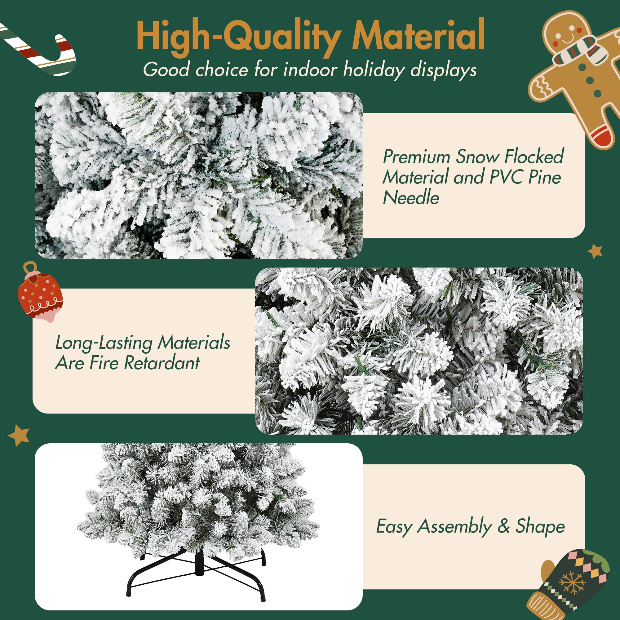 3 Pcs Flocked Artificial Christmas Trees Set w/ Warm White LED Lights, 4ft 5ft 6ft Snow-Covered Pine Tree Decor for Indoor Holiday Parties, Easy Assembly, Dense PVC Tips, Metal Stand, Green/White