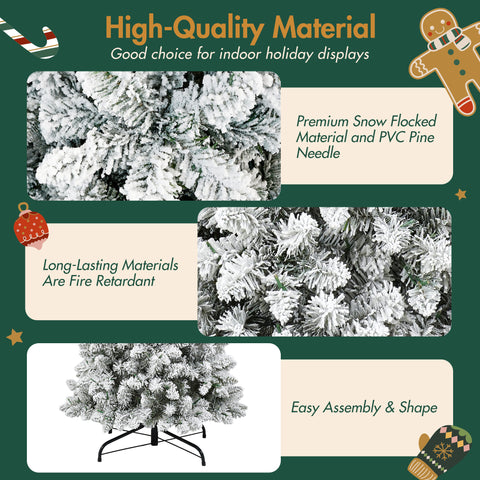 3 Pcs Flocked Artificial Christmas Trees Set w/ Warm White LED Lights, 4ft 5ft 6ft Snow-Covered Pine Tree Decor for Indoor Holiday Parties, Easy Assembly, Dense PVC Tips, Metal Stand, Green/White