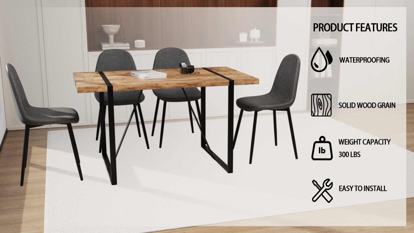 55" Dark Wood MDF Dining Table Set with 4 Grey Suede Chairs - Modern Industrial Rectangular Kitchen Table with Black Metal Base for Dining Room & Kitchen - Comfortable & Stylish