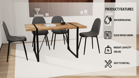 55" Dark Wood MDF Dining Table Set with 4 Grey Suede Chairs - Modern Industrial Rectangular Kitchen Table with Black Metal Base for Dining Room & Kitchen - Comfortable & Stylish
