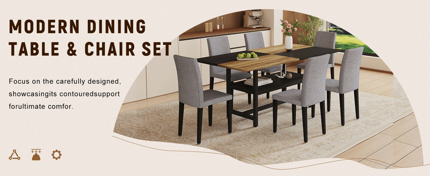 71" Wooden & Black Spliced Dining Table Set with Storage, Seats 6, Paired with Light Gray Linen-Cotton Chairs - Perfect for Kitchen, Dining Room, Home Gatherings