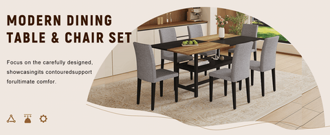 71" Wooden & Black Spliced Dining Table Set with Storage, Seats 6, Paired with Light Gray Linen-Cotton Chairs - Perfect for Kitchen, Dining Room, Home Gatherings