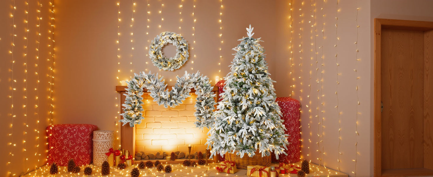 Snow Flocked Christmas Wreath, Garland & 6ft Tree 3-Pack Decor Set | Warm White LED Lights | 900-Tip PVC/PE Tree | Indoor/Covered Outdoor Use | Festive Winter Wonderland Ambiance