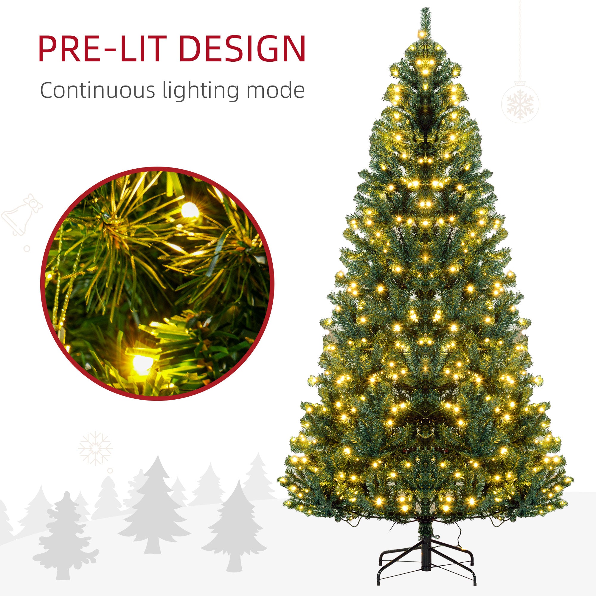 HOMCOM 7.5ft Prelit Douglas Fir Artificial Christmas Tree - Lush Green, 1346 Realistic Tips, 500 Warm White LEDs, Metal Base - Perfect for Home Holiday Decor